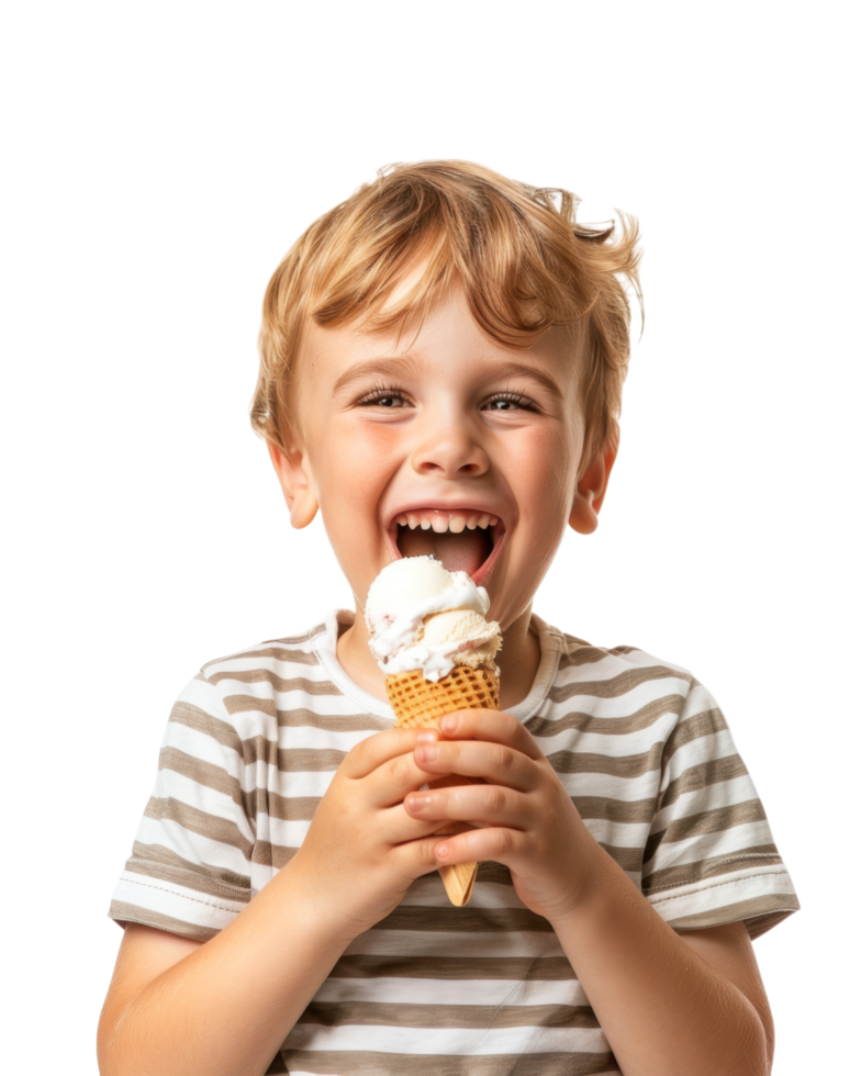 Smiling boy in a striped shirt with ice cream cone isolated on transparent background png