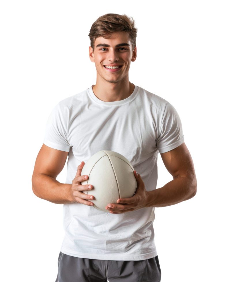 giovane uomo Tenere Rugby palla isolato su trasparente sfondo png
