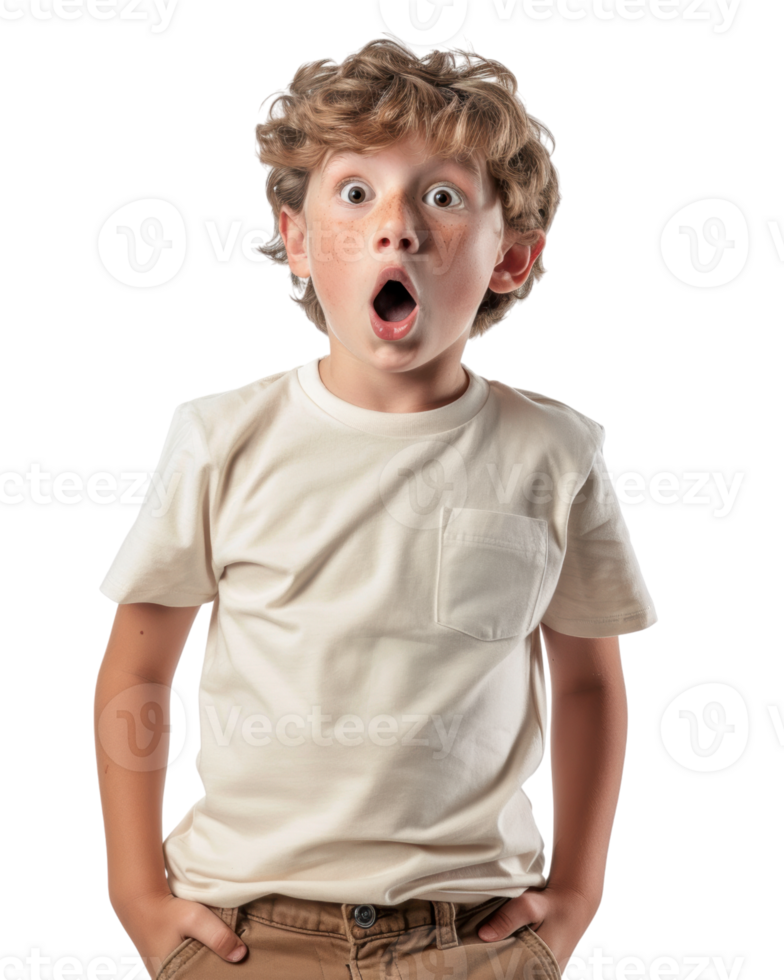 Child in a white shirt with a curious expression isolated on transparent png