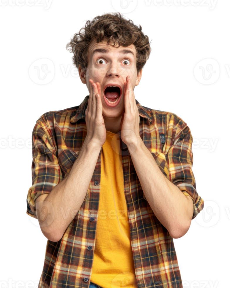 Man with Surprised Expression Holding Hands to Face Isolated on Transparent Background png