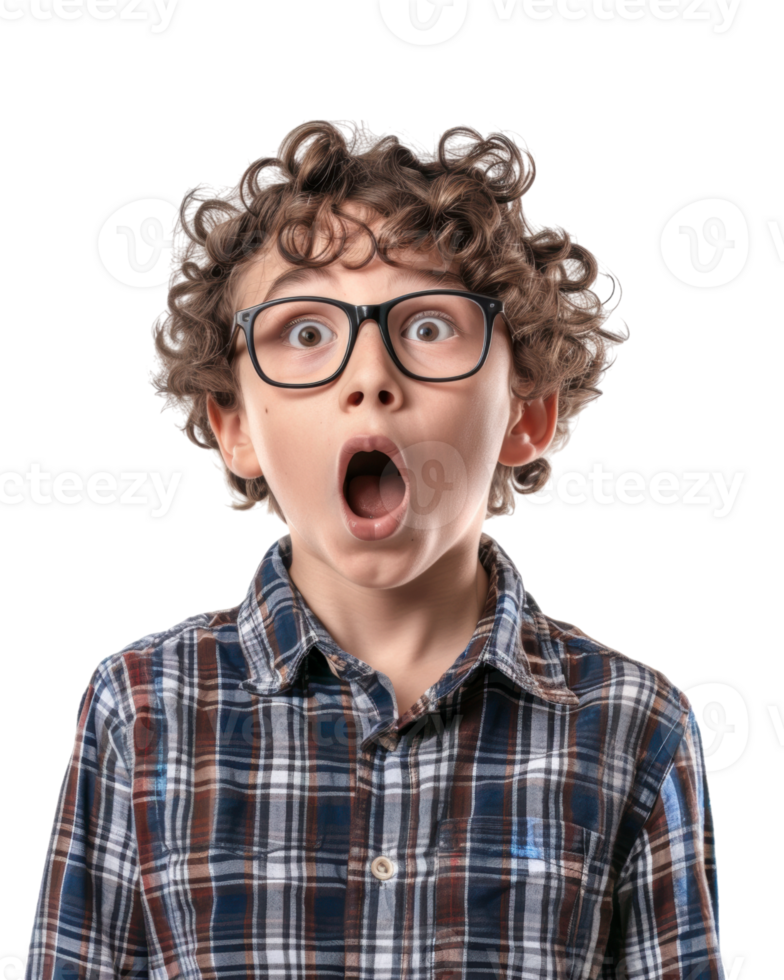 Child in a plaid shirt looking surprised isolated on transparent background png