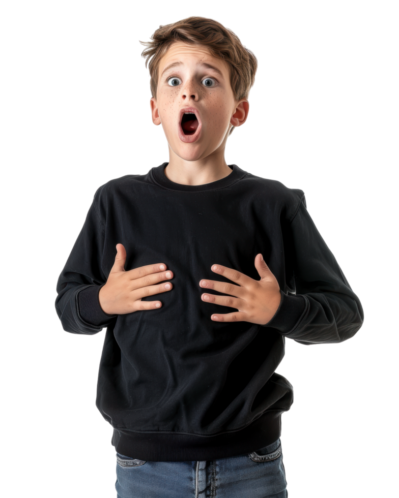 Boy in an black hoodie with a surprised expression isolated on transparent background png