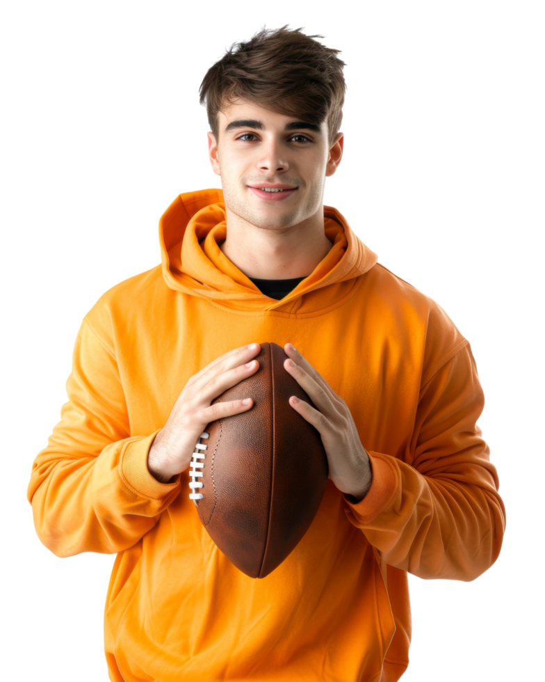 Happy boy in a yellow hoodie holding a basketball isolated on transparent background png
