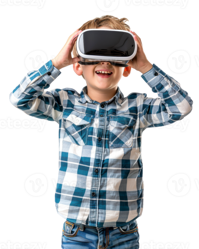 Child in a checkered shirt playing with a VR headset isolated on transparent background png