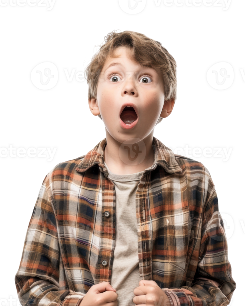 Child in a plaid shirt looking surprised isolated on transparent background png