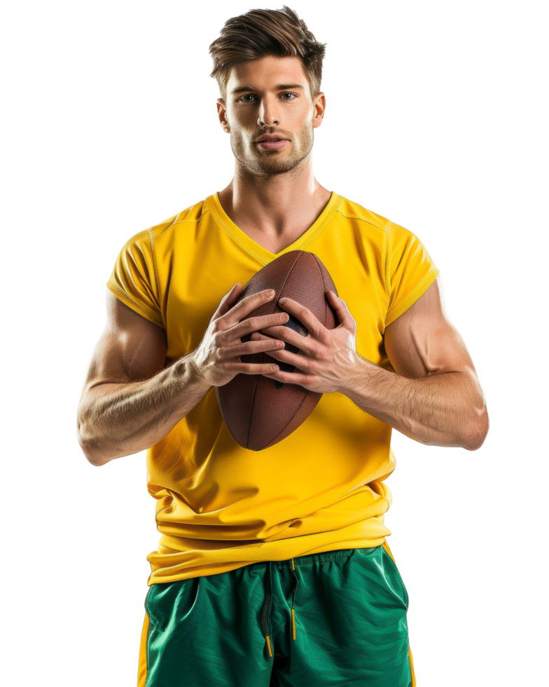 Confident young man in a yellow t-shirt with a soccer ball isolated on transparent background png