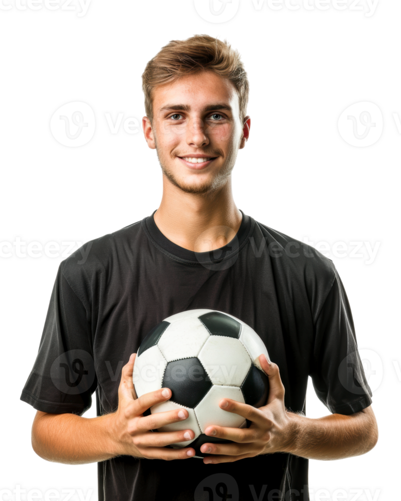 Young man in a black t-shirt holding a soccer ball isolated on transparent background png
