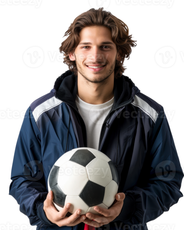 Smiling man in a black t-shirt holding a soccer ball isolated on transparent background png