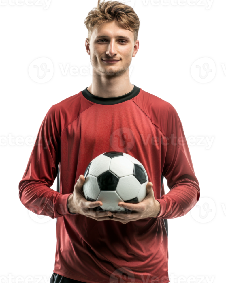 Smiling man in a red t-shirt holding a soccer ball isolated on transparent background png