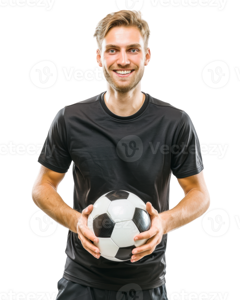 Young man holding a soccer ball isolated on transparent background png