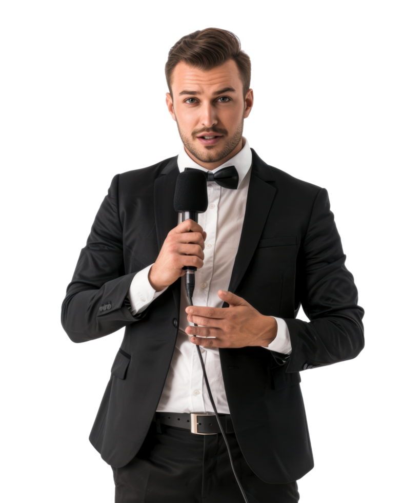 Businessman speaking into a microphone isolated on transparent background png