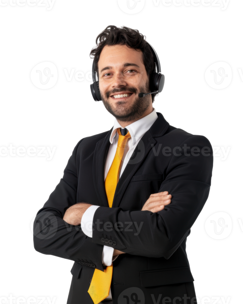 Smiling customer service agent in a suit with a yellow tie and headset isolated on a transparent background png