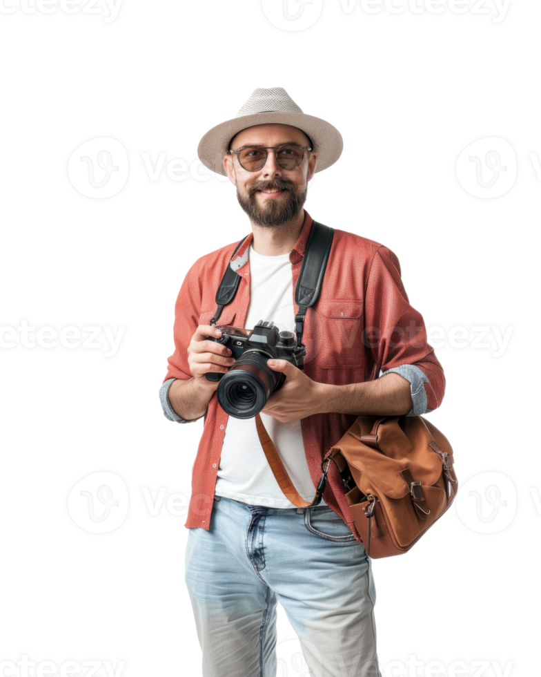 Photographer in a red jacket holding a camera isolated on a transparent background png