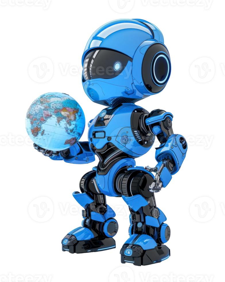 Blue Humanoid robot holding earth globe isolated on a transparent background png