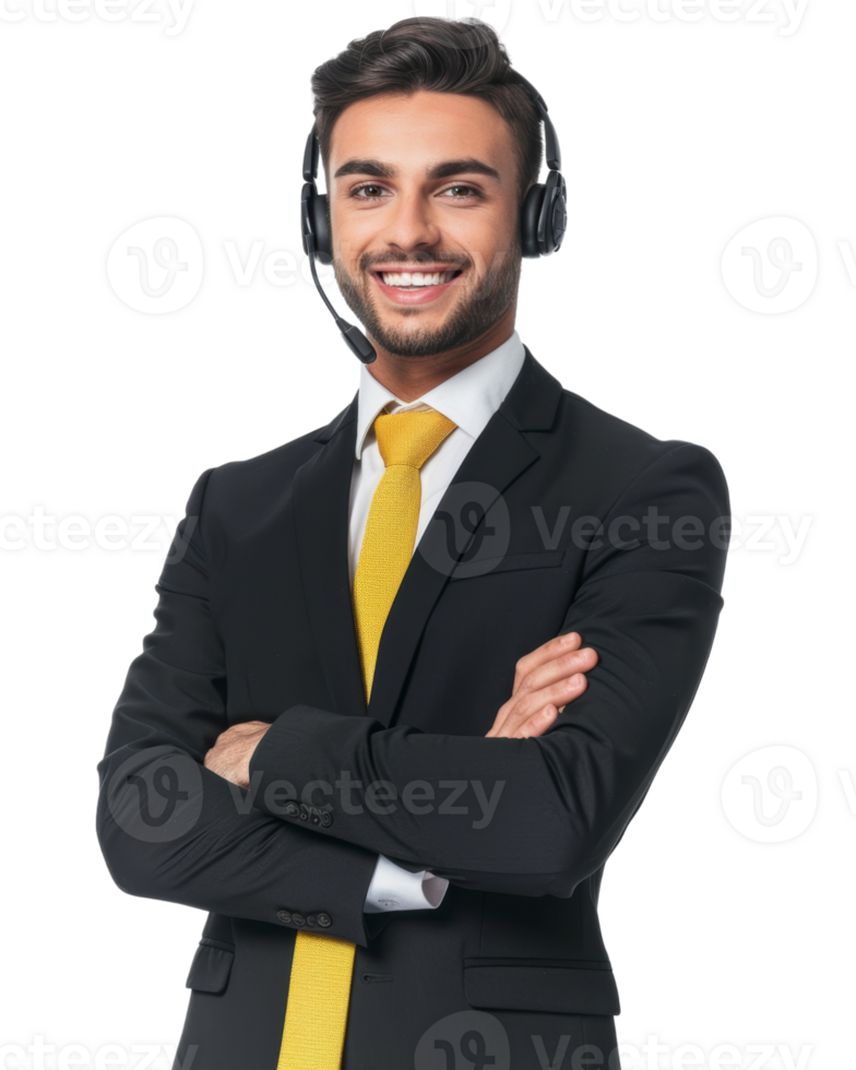 friendly customer support executive in a dark suit with headset isolated on a transparent background png