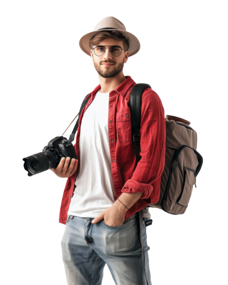 Traveler with backpack and camera wearing a hat isolated on a transparent background png