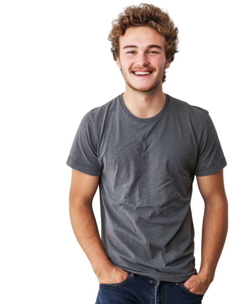Happy Young Man in Gray T-shirt Isolated on Transparent Background png
