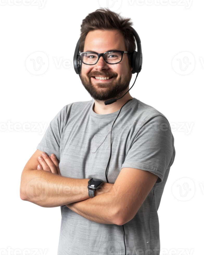 Customer service representative with glasses and a headset isolated on a transparent background png