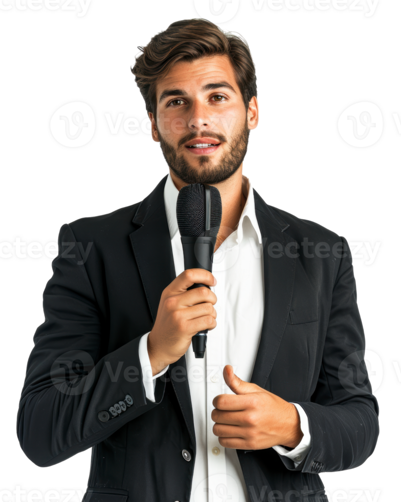 Young professional man holding a microphone isolated on a transparent background png