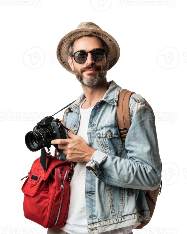 Photographer young man holding a camera isolated on a transparent background png