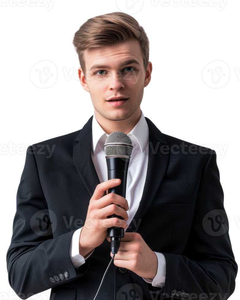Young Businessman with a curly hair and a microphone isolated on a transparent background png