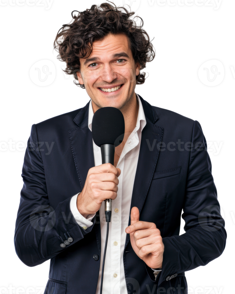 Smiling businessman with curly hair with microphone isolated on a transparent background png