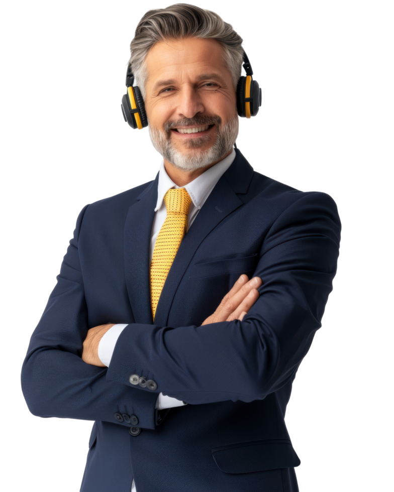 Confident customer service representative with arms crossed and headset isolated on a transparent background png