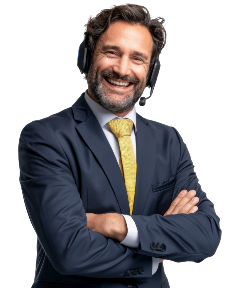 Customer support manager in a blue suit with yellow tie and headset isolated on a transparent background png