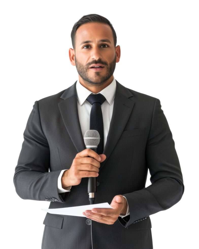 Young professional man in a suit holding a microphone isolated on a transparent background png