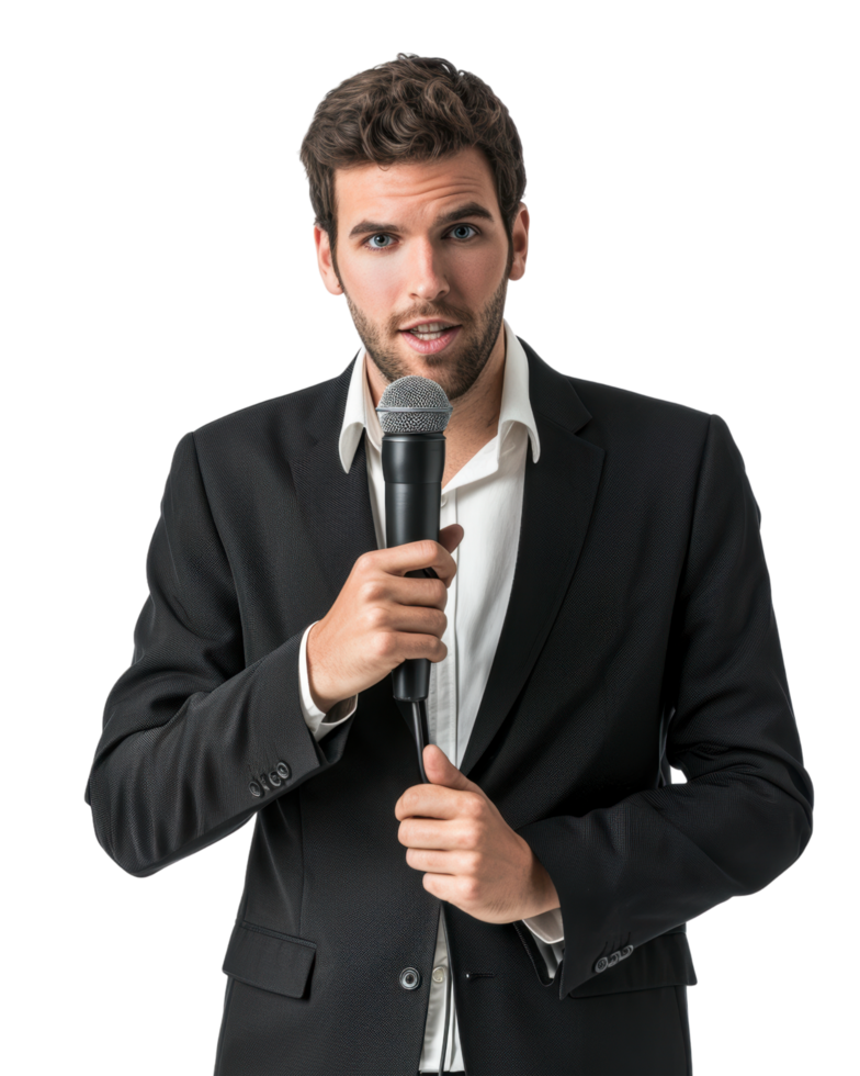 Businessman holding a microphone with a confident pose isolated on a transparent background png