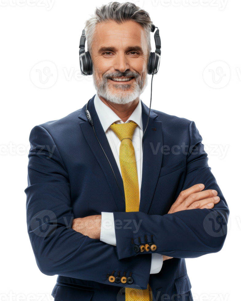 Senior customer support representative with gray hair and headset isolated on a transparent background png