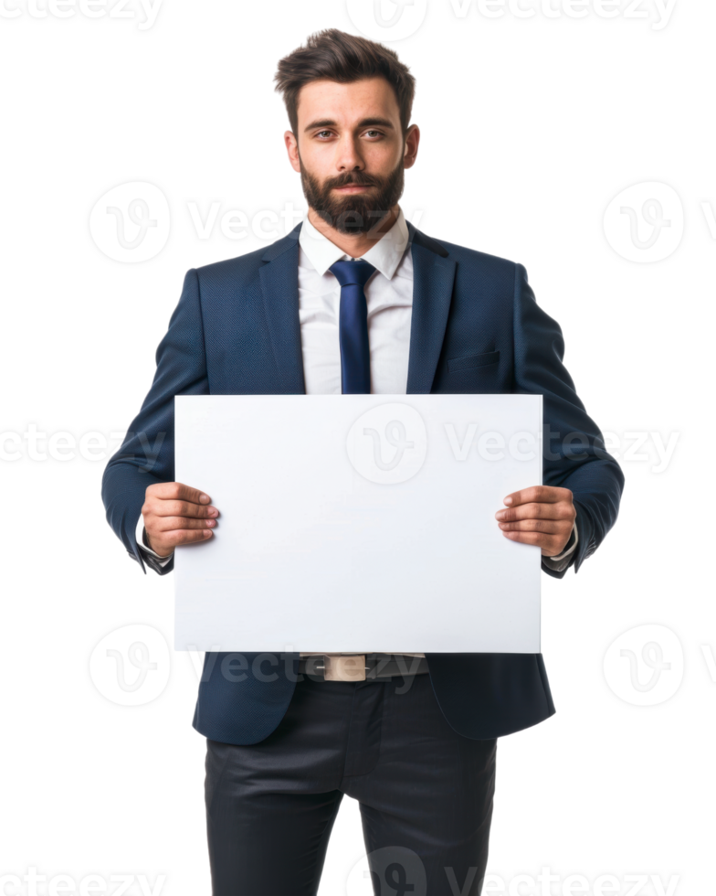 Businessman in Suit Holding Blank Sign Isolated on Transparent Background png