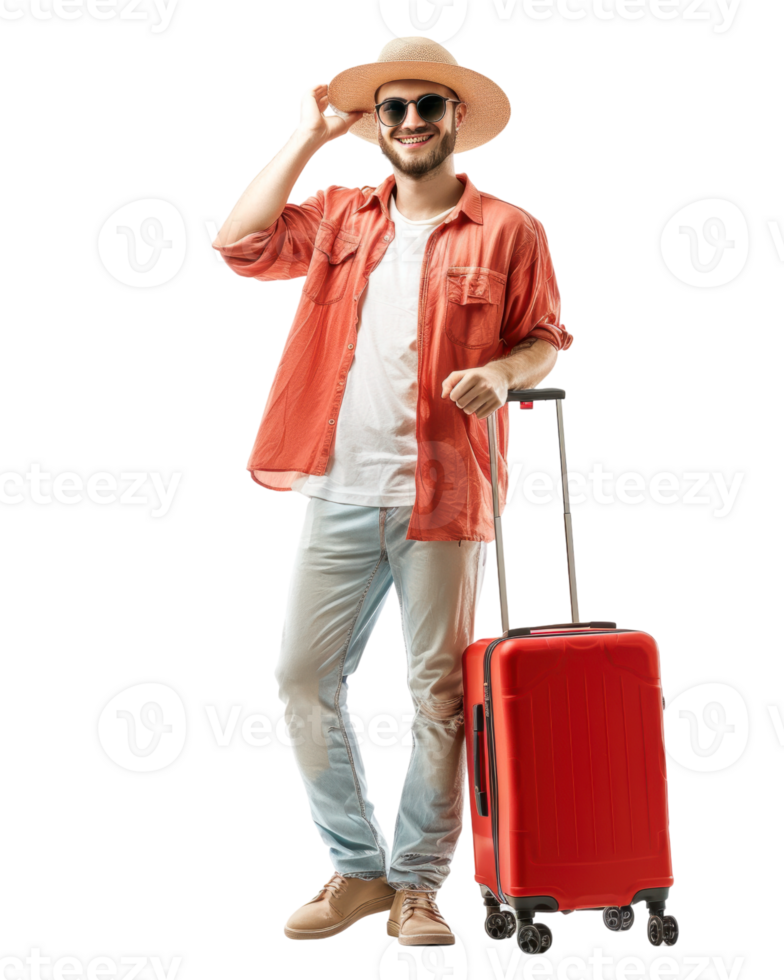 Adventurous traveler with a red suitcase and hat waving isolated on a transparent background png