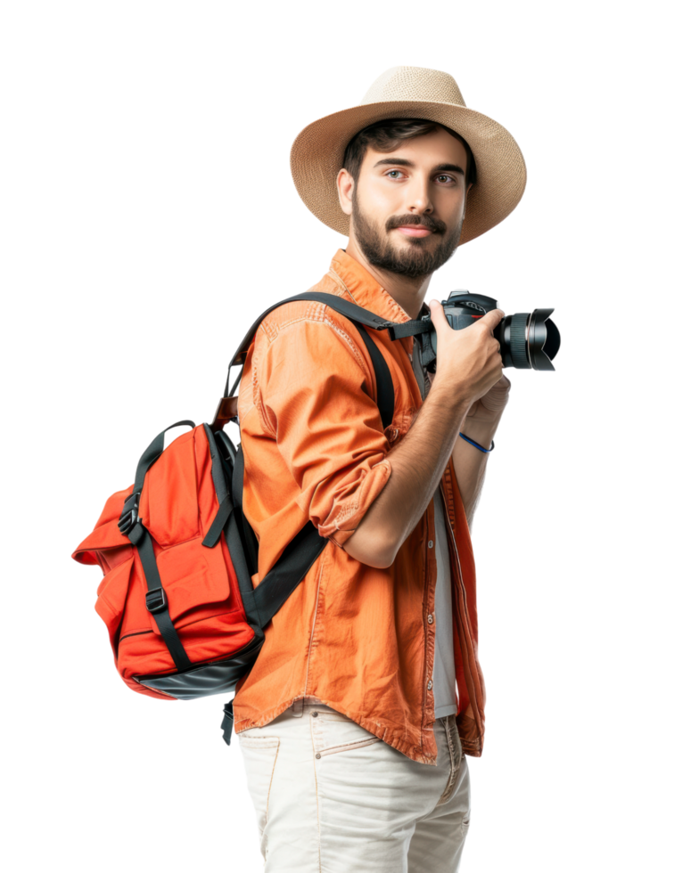Man in an orange jacket holding a camera isolated on a transparent background png