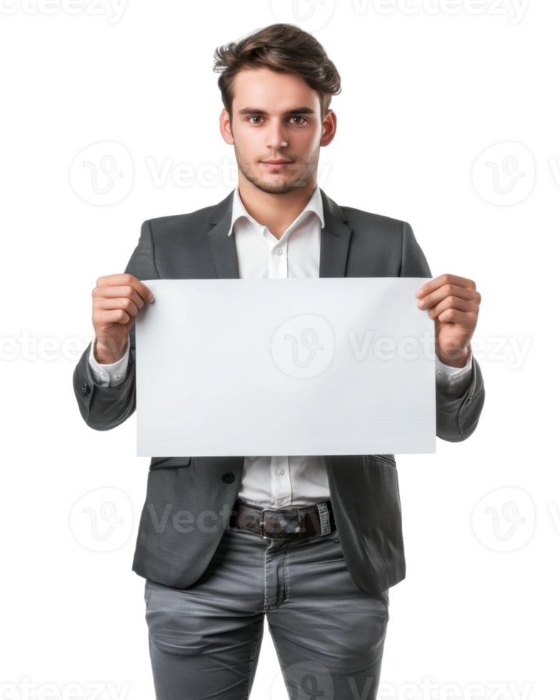 Young Man in Suit Holding Blank Poster Isolated on Transparent Background png