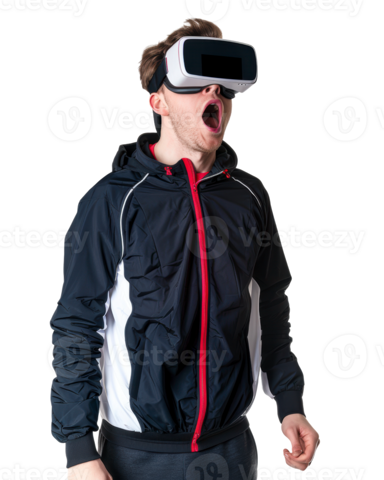 Man in athletic jacket exploring virtual reality isolated on transparent background png