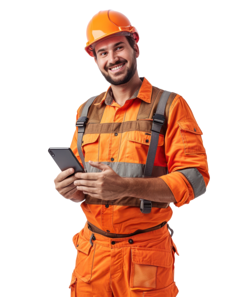 Construction worker in yellow helmet using a tablet isolated on transparent background png