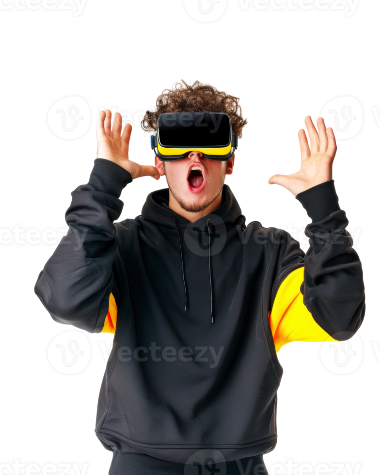Excited young man in black hoodie experiencing VR headset isolated on transparent background png
