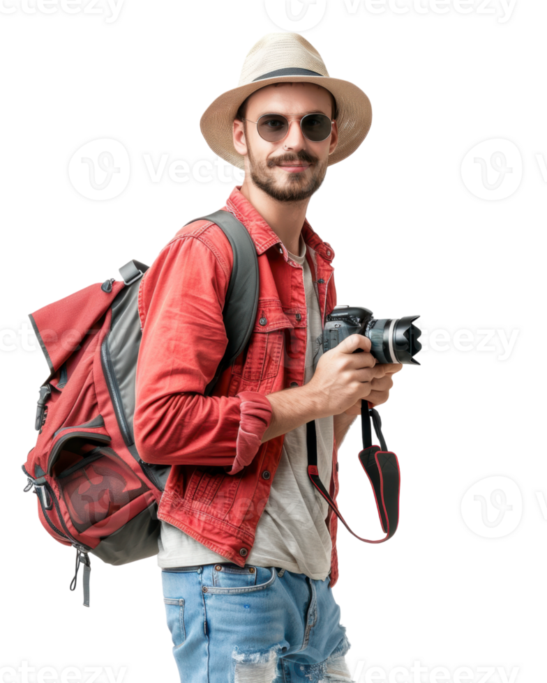 Photographer with camera and backpack in casual attire isolated on a transparent background png