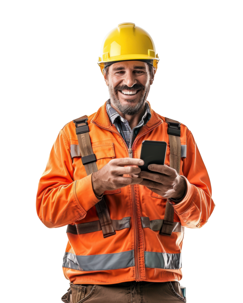 Construction worker in orange uniform using a phone isolated on transparent background png