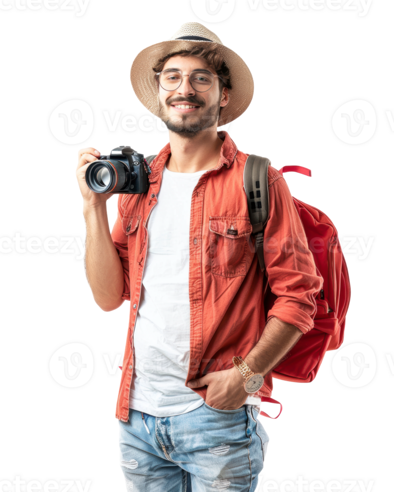 Tourist holding a camera in a red jacket and hat isolated on a transparent background png