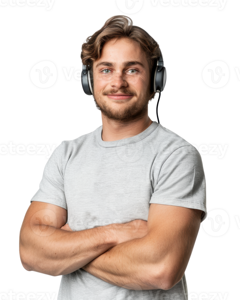 Casual Young Man in Gray T-shirt with headphones Isolated on Transparent Background png