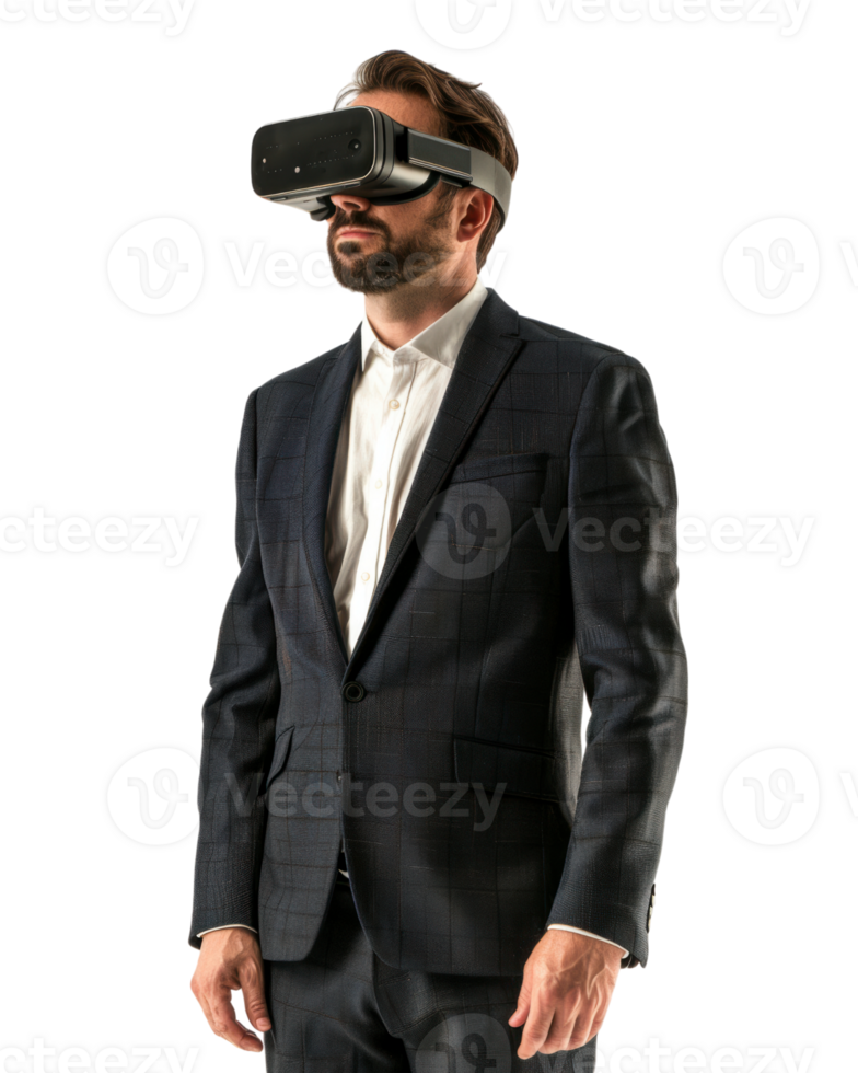 Businessman in suit wearing virtual reality headset isolated on transparent background png