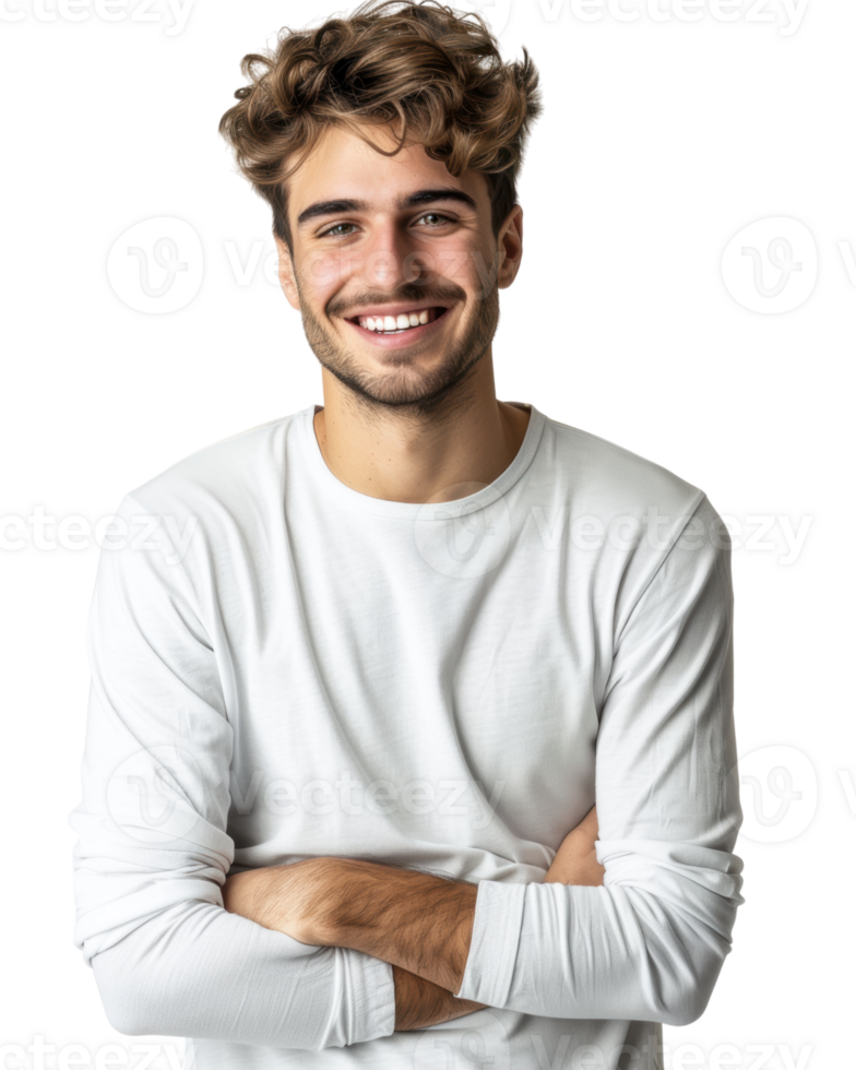 Happy Man in White Sweater with Arms Crossed Isolated on Transparent Background png