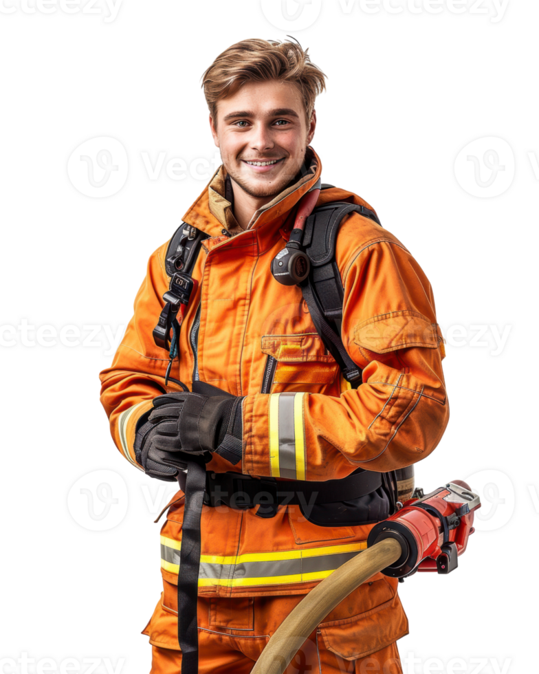 Firefighter in orange uniform holding a hose isolated on transparent background png