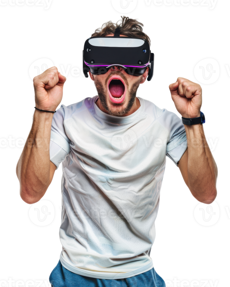 Amazed man in white t-shirt wearing VR headset isolated on transparent background png