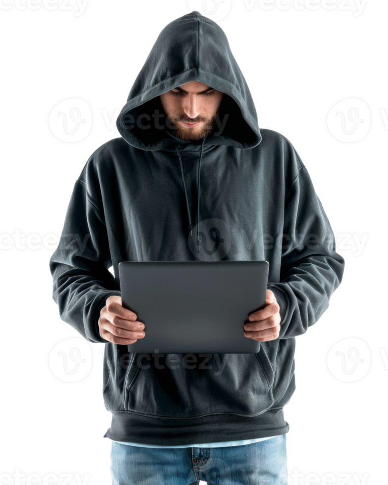 Man in Hoodie Holding Laptop Isolated on Transparent Background png