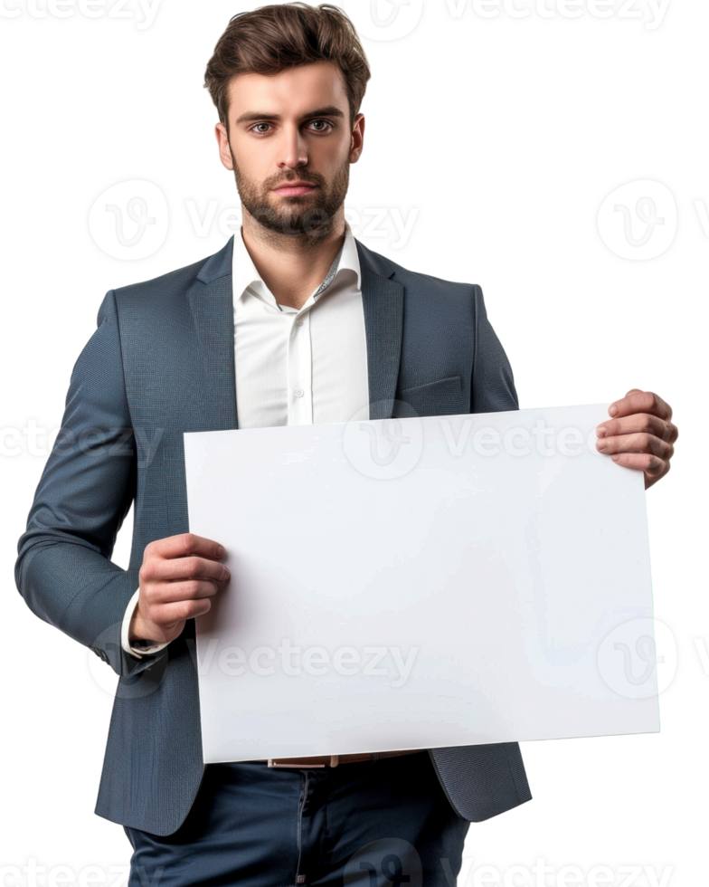 Businessman in Suit Pointing at Blank Sign Isolated on Transparent Background png