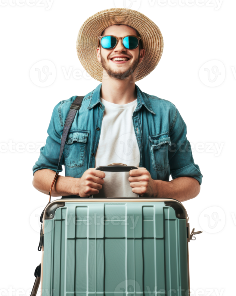 Happy tourist with sunglasses and large suitcase isolated on a transparent background png