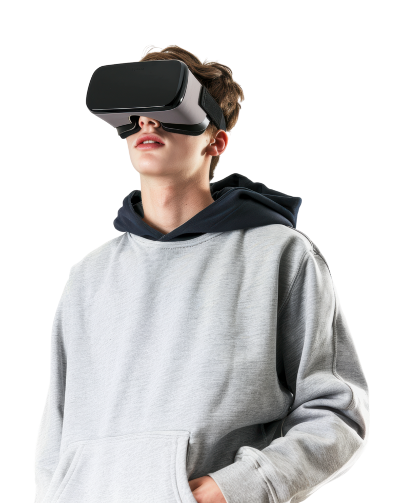 young man in grey hoodie enjoying VR gaming isolated on transparent background png
